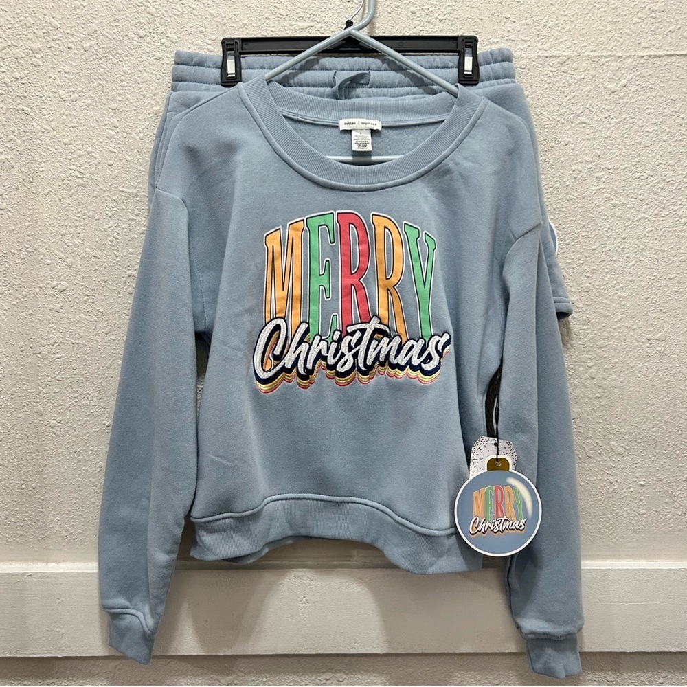 Better Together Blue "Merry Christmas" Sweatshirt and Shorts Lounge Set NWT L